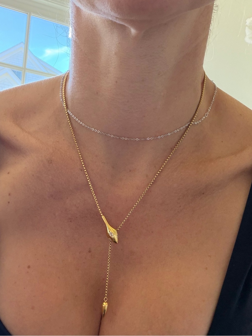 Delicate Gold Snake Lariat Necklace with CZ Diamond